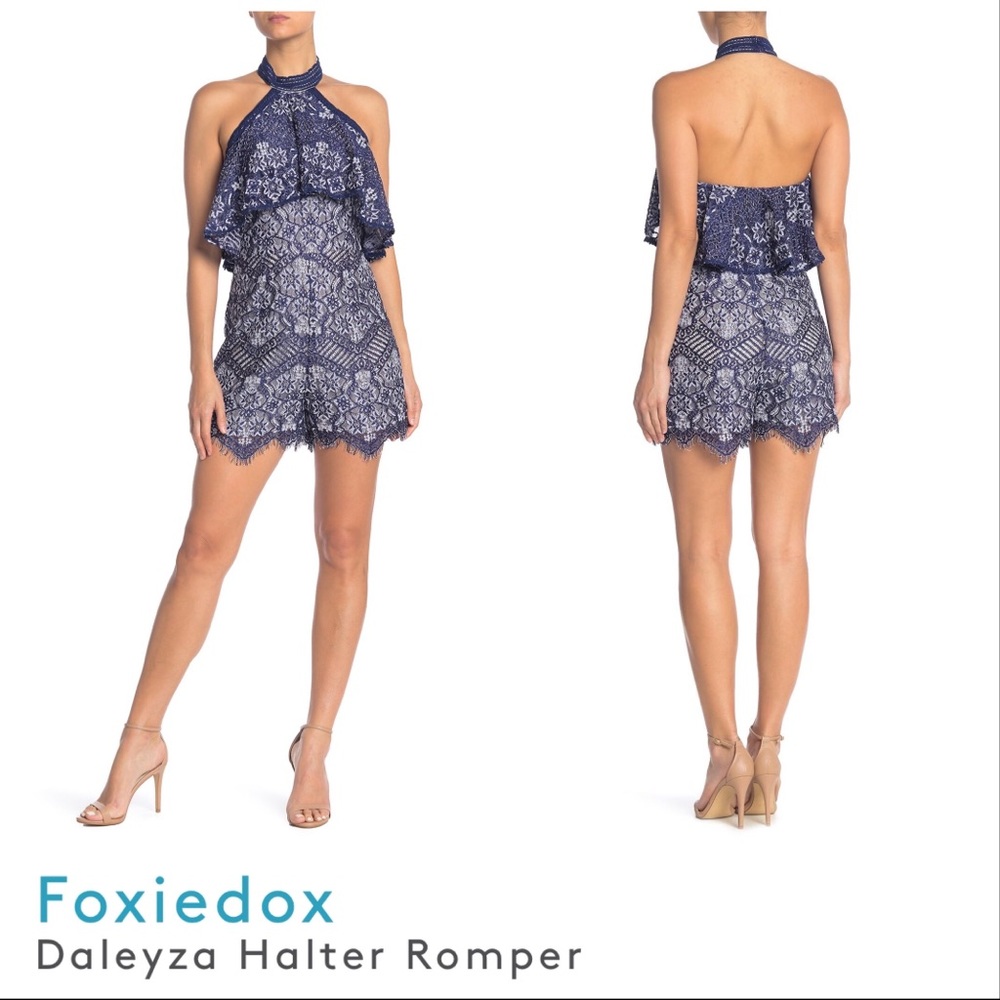 FoxieDox Daleyza halter Romper Navy blue Lace size S small women’s